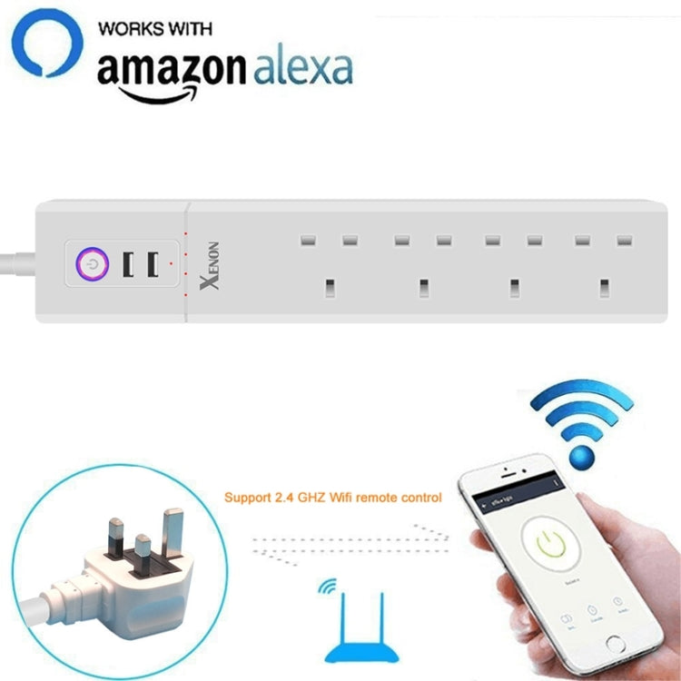 2 x USB Ports + 4 x UK Plug Jack WiFi Remote Control Smart Power Socket Works with Alexa & Google Home, Cable Length: 1.8m, AC 90-265V, UK Plug