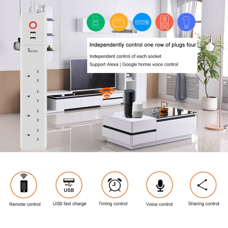 2 x USB Ports + 4 x UK Plug Jack WiFi Remote Control Smart Power Socket Works with Alexa & Google Home, Cable Length: 1.8m, AC 90-265V, UK Plug