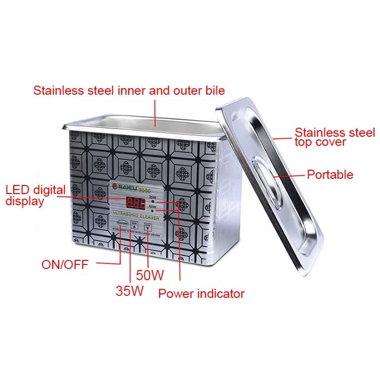 BAKU BK-3050 35W / 50W Adjustable 0.8L LCD Display Ultrasonic Cleaner, AC 110V Reluova