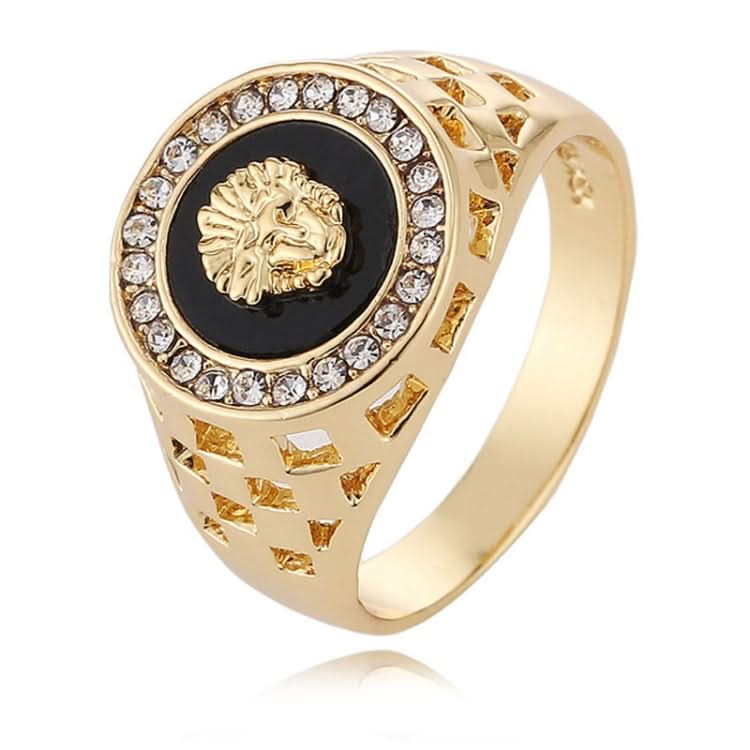 Hip Hop 18K Gold Plated Lion Head Rhinestone Ring for Men, US Size: 9, Inner Diameter: 19mm, Perimeter: 59mm Reluova