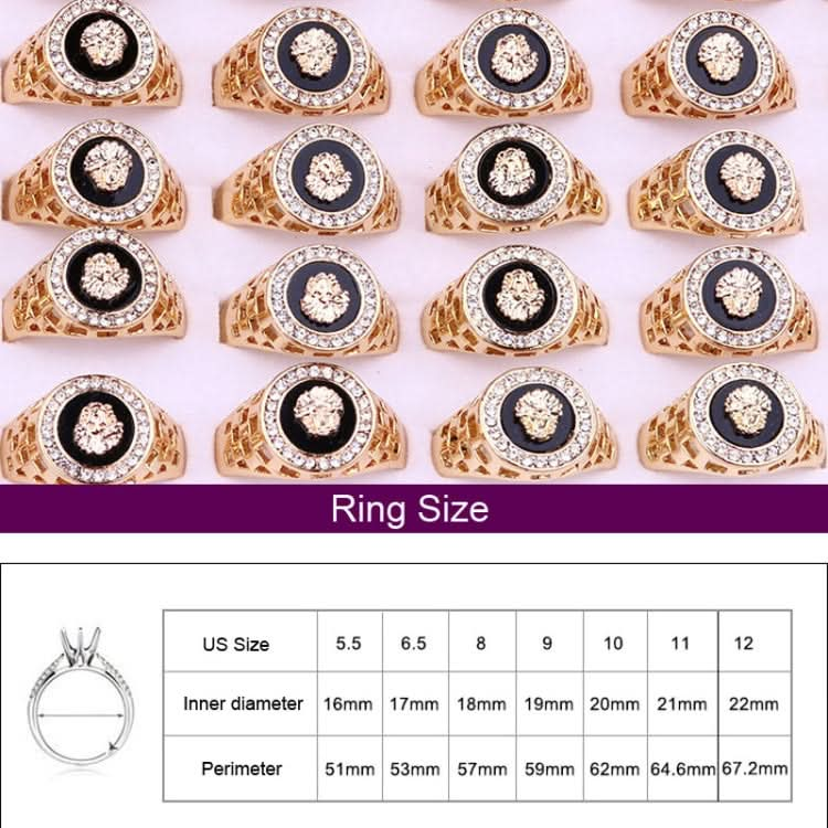 Hip Hop 18K Gold Plated Lion Head Rhinestone Ring for Men, US Size: 9, Inner Diameter: 19mm, Perimeter: 59mm Reluova