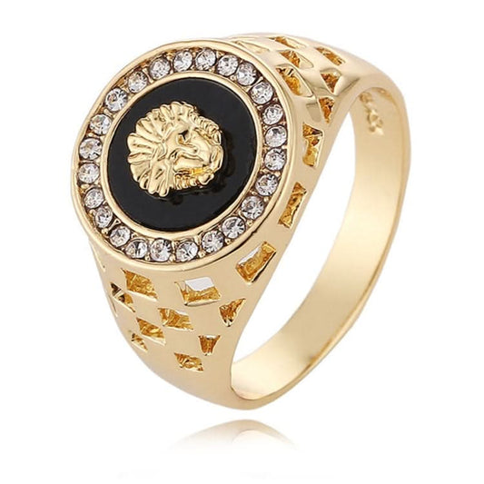 Hip Hop 18K Gold Plated Lion Head Rhinestone Ring for Men, US Size: 11, Inner Diameter: 21mm, Perimeter: 64.6mm Reluova