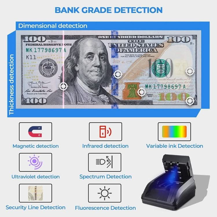 AL-130 Small Portable Money Detector for USD Euro, Specifications:US Plug Reluova