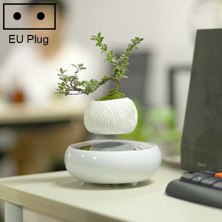 Dark Color Stripe Flower Pot + Imitation Ceramic Resin Base Magnetic Levitation Potted Plant Home Decoration, EU Plug