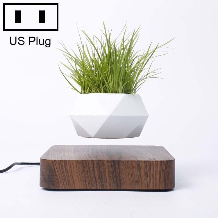 Diamond Plastic Flower Pot + Dark Wood Grain Base Magnetic Levitation Potted Plant Home Decoration, US Plug