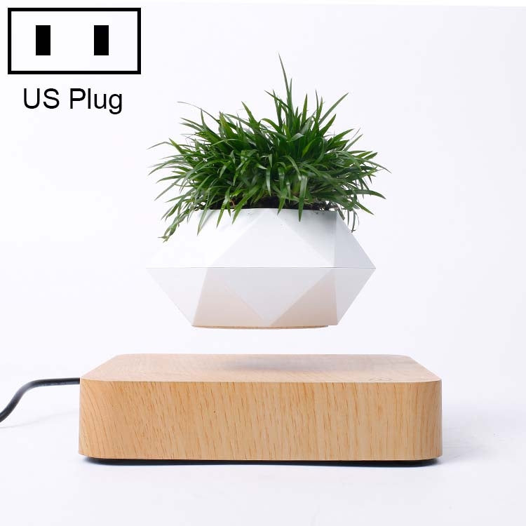 Diamond Plastic Flower Pot + Dark Wood Grain Base Magnetic Levitation Potted Plant Home Decoration, US Plug