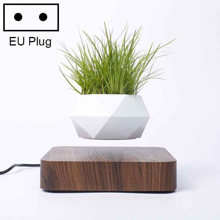 Diamond Plastic Flower Pot + Dark Wood Grain Base Magnetic Levitation Potted Plant Home Decoration, EU Plug My Store