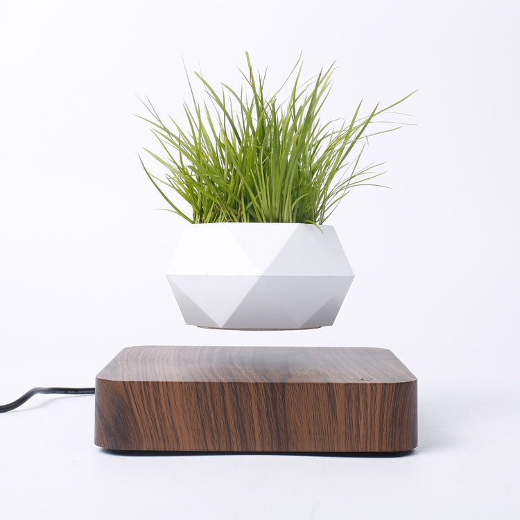 Diamond Plastic Flower Pot + Dark Wood Grain Base Magnetic Levitation Potted Plant Home Decoration, EU Plug My Store