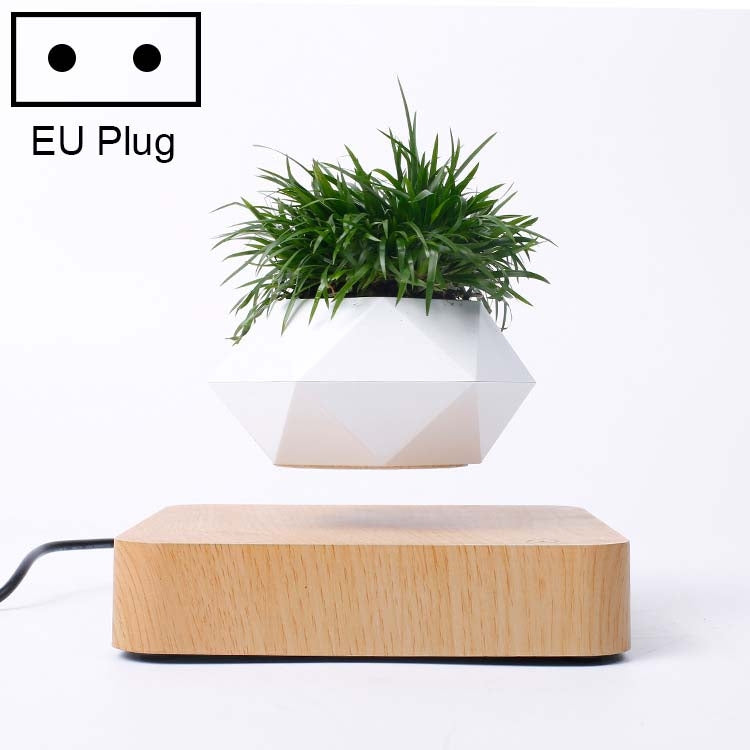 Diamond Plastic Flower Pot + Dark Wood Grain Base Magnetic Levitation Potted Plant Home Decoration, EU Plug My Store