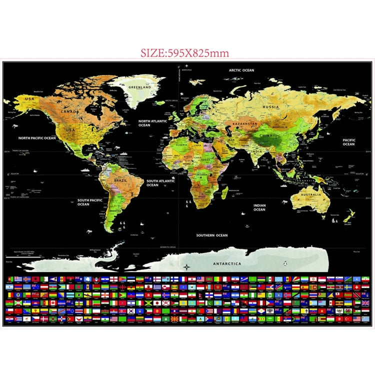 School Teaching Office Supplies Scratch World Map with National Flags, Size: 82.6 x 59.5cm