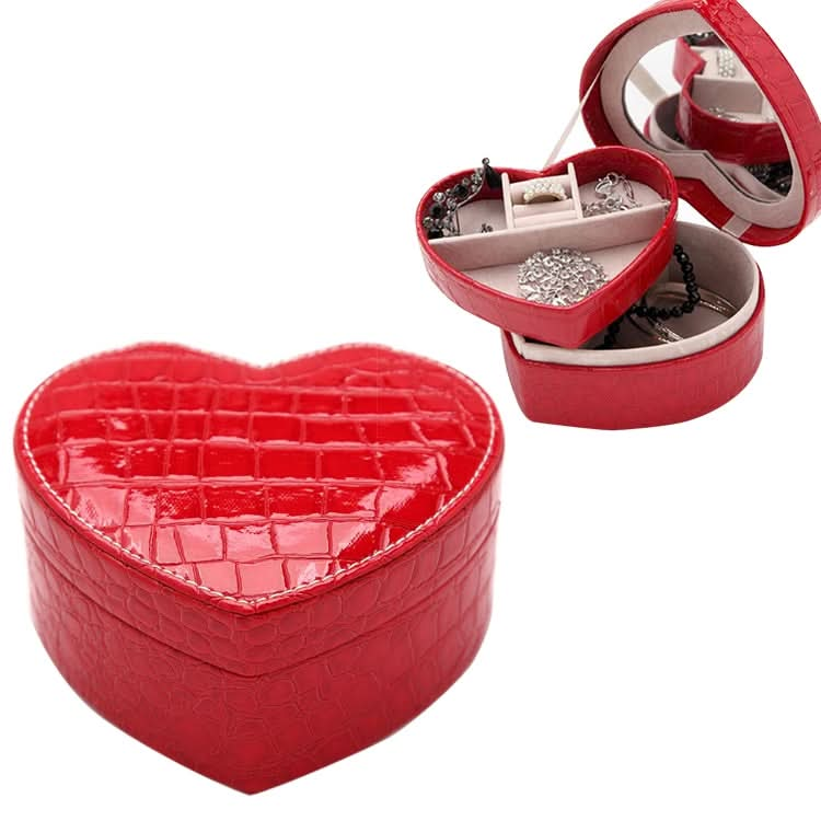 Two-layer Heart Shape Small Jewelry Box Synthetic Leather Rings and Earrings Mirrored Travel Storage Case Reluova