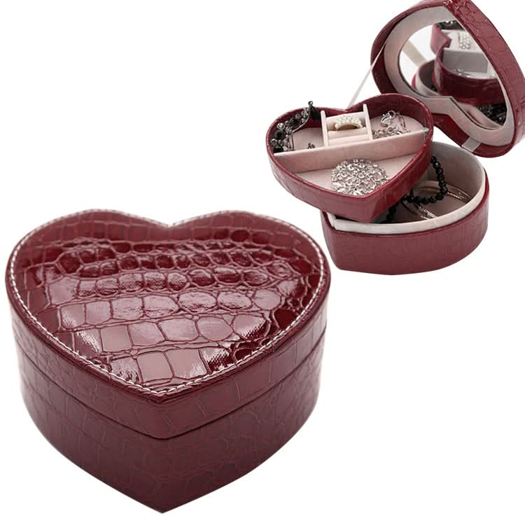 Two-layer Heart Shape Small Jewelry Box Synthetic Leather Rings and Earrings Mirrored Travel Storage Case Reluova