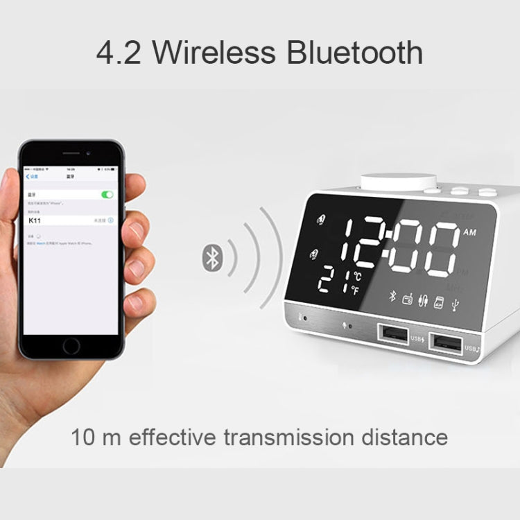 K11 Bluetooth Alarm Clock Speaker Creative Digital Music Clock Display Radio with Dual USB Interface, Support U Disk / TF Card / FM / AUX, EU Plug My Store