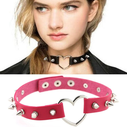 Punk Style Fashion Heart Shape Leather Rivet Necklace Collar, Random Color Delivery Reluova