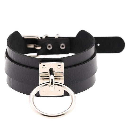 European and American Harajuku PU Leather Silver Single Ring Collar Wide Street-Snap Nightclub O-shaped Choker Necklace Reluova