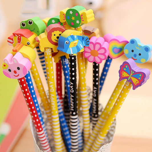 10pcs Creative Stationery Cartoon Animals Series Wooden HB Pencil with Eraser Children Pencils For Kids School Office Supply, Random Color Delivery