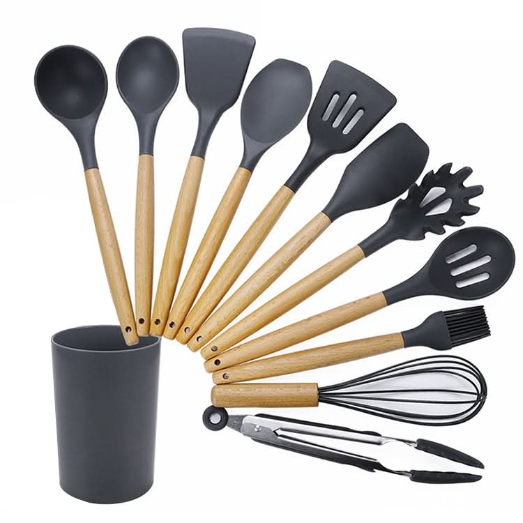 kn020 11 in 1 Wooden Handle Silicone Non-stick Spatula Spoon Kitchen Tool + Bucket Set Reluova