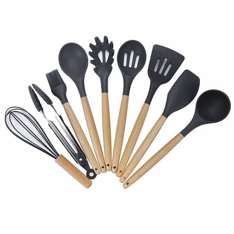 kn020 9 in 1 B Version Wooden Handle Silicone Non-stick Spatula Spoon Kitchen Tool Set Reluova