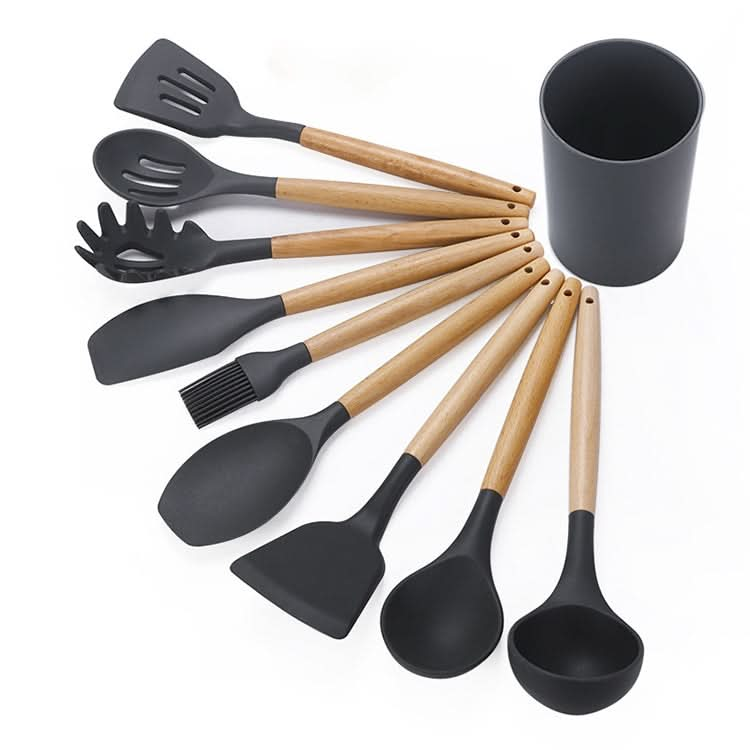 kn082 9 in 1 Wooden Handle Silicone Kitchen Tool Set with Storage Bucket Reluova