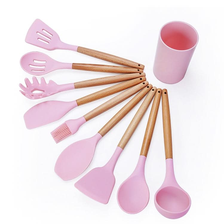 kn082 9 in 1 Wooden Handle Silicone Kitchen Tool Set with Storage Bucket Reluova