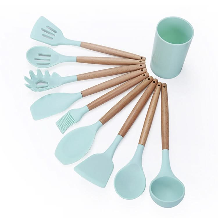 kn082 9 in 1 Wooden Handle Silicone Kitchen Tool Set with Storage Bucket Reluova