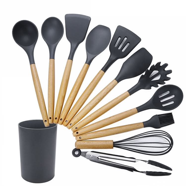 kn082 11 in 1 Wooden Handle Silicone Kitchen Tool Set with Storage Bucket Reluova