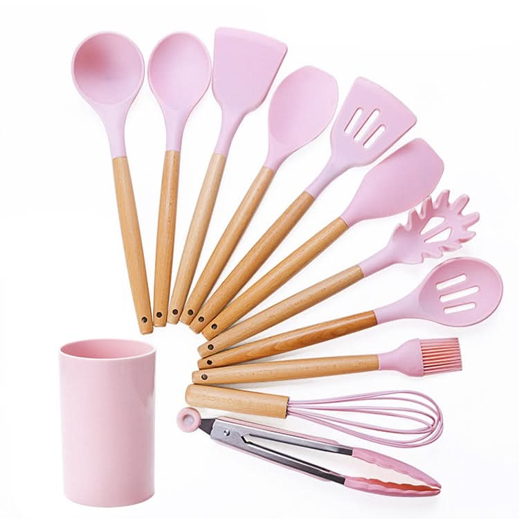 kn082 11 in 1 Wooden Handle Silicone Kitchen Tool Set with Storage Bucket Reluova