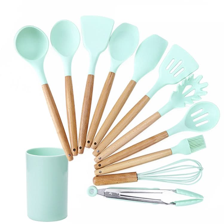 kn082 11 in 1 Wooden Handle Silicone Kitchen Tool Set with Storage Bucket Reluova