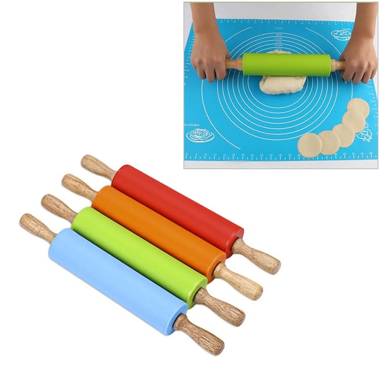 kn055 Solid Wooden Handle Silicone Rolling Pin Non-stick Food Dumpling Stick, Length: 29cm, Random Color Delivery - Reluova