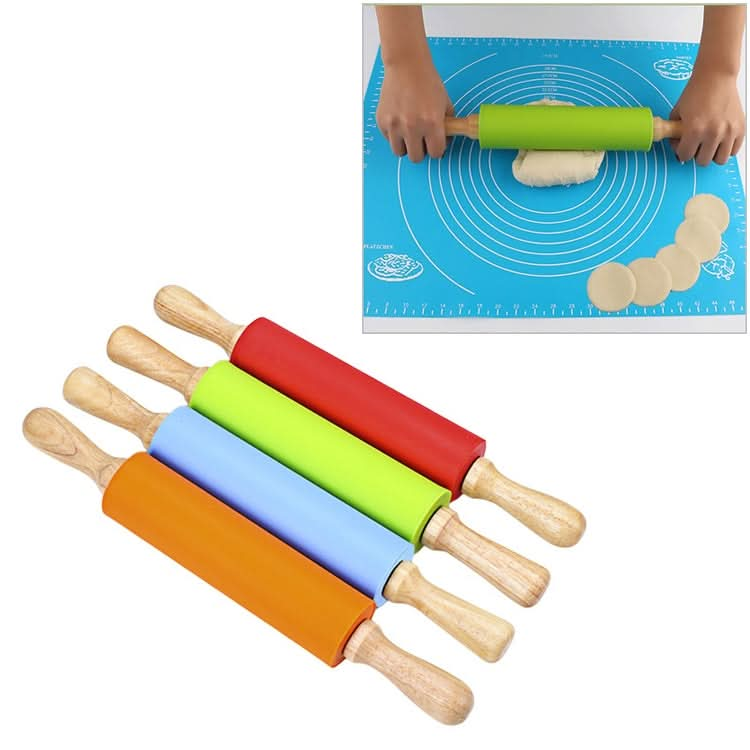 kn055 Solid Wooden Handle Silicone Rolling Pin Non-stick Food Dumpling Stick, Length: 38cm, Random Color Delivery - Reluova