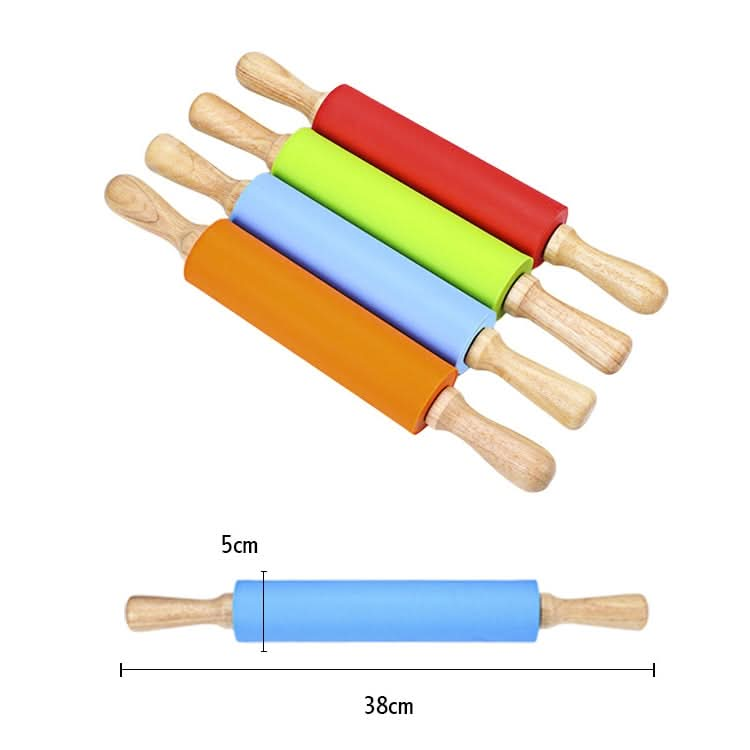 kn055 Solid Wooden Handle Silicone Rolling Pin Non-stick Food Dumpling Stick, Length: 38cm, Random Color Delivery - Reluova