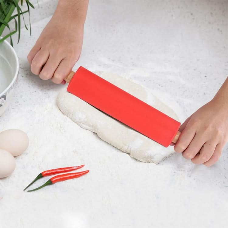 kn055 Solid Wooden Handle Silicone Rolling Pin Non-stick Food Dumpling Stick, Length: 38cm, Random Color Delivery - Reluova