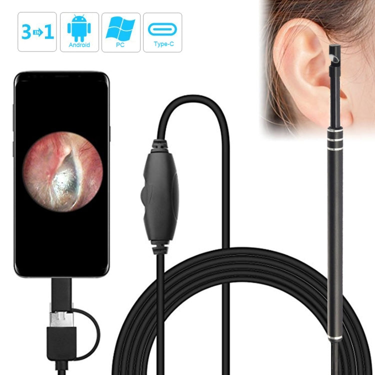 i96 3 in 1 USB Ear Scope Inspection HD 0.3MP Camera Visual Ear Spoon for OTG Android Phones & PC & MacBook, 1.85m Length Cable