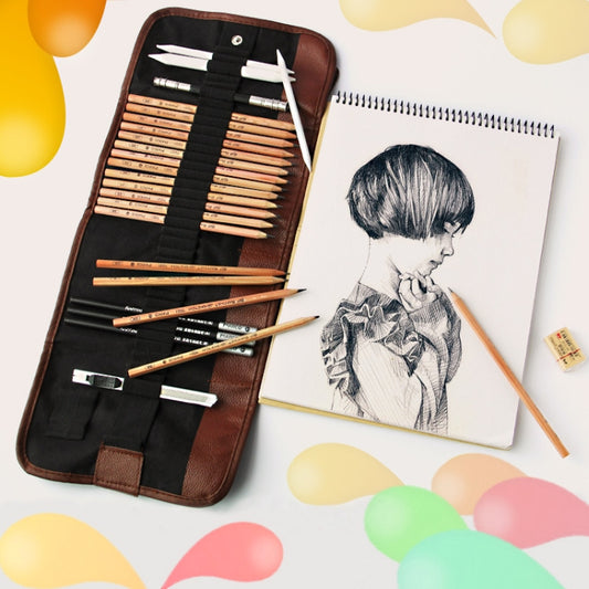 Beginner Sketching Tools (18 PCS Sketching Pencils + Charcoal Pencil + Erasers + Pen Curtain + Art Knife) Sketching Set