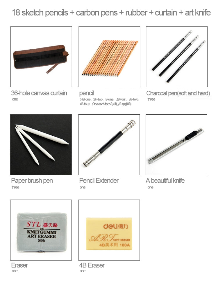 Beginner Sketching Tools (18 PCS Sketching Pencils + Charcoal Pencil + Erasers + Pen Curtain + Art Knife) Sketching Set