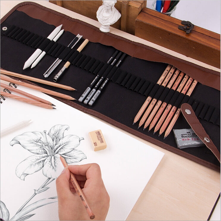 Beginner Sketching Tools (18 PCS Sketching Pencils + Charcoal Pencil + Erasers + Pen Curtain + Art Knife) Sketching Set