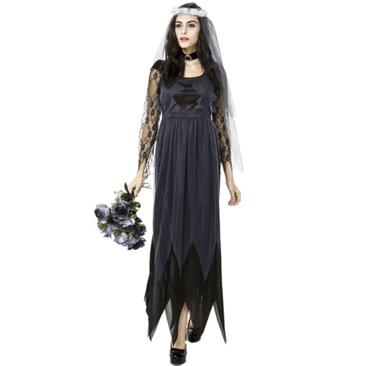 Halloween Costume Women Lace Chiffon Black Dress Ghost Bride Clothes Cosplay Game Uniforms, Size: L, Bust: 80cm, Waistline:72cm, Clothes Long:143cm