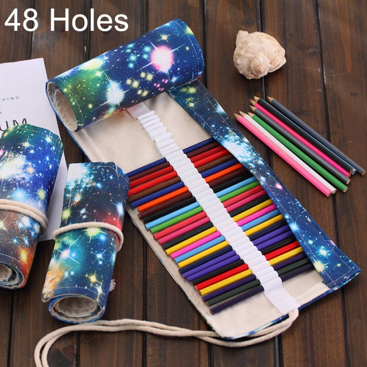 48 Slots Cosmic Galaxy Print Pen Bag Canvas Pencil Wrap Curtain Roll Up Pencil Case Stationery Pouch Reluova