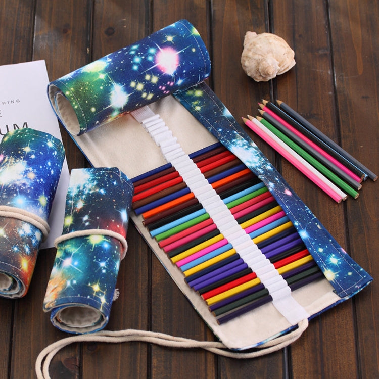 48 Slots Cosmic Galaxy Print Pen Bag Canvas Pencil Wrap Curtain Roll Up Pencil Case Stationery Pouch Reluova