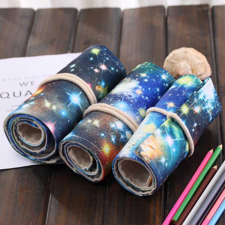 48 Slots Cosmic Galaxy Print Pen Bag Canvas Pencil Wrap Curtain Roll Up Pencil Case Stationery Pouch