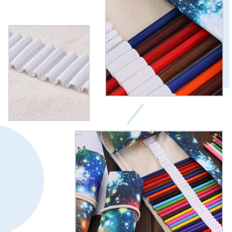 48 Slots Cosmic Galaxy Print Pen Bag Canvas Pencil Wrap Curtain Roll Up Pencil Case Stationery Pouch