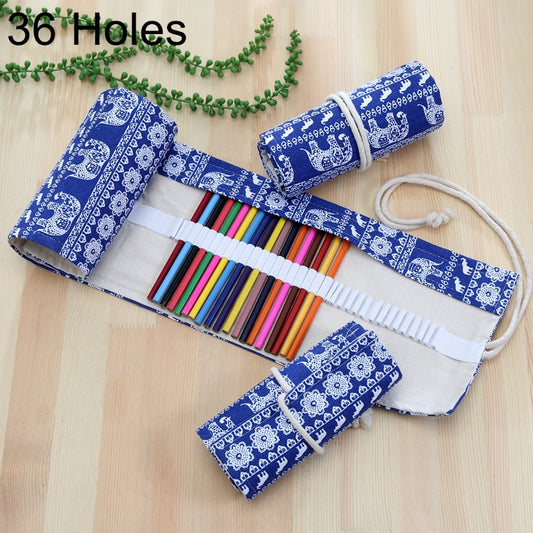 36 Slots Ethnic Elephant Print Pen Bag Canvas Pencil Wrap Curtain Roll Up Pencil Case Stationery Pouch Reluova