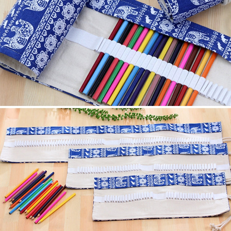 36 Slots Ethnic Elephant Print Pen Bag Canvas Pencil Wrap Curtain Roll Up Pencil Case Stationery Pouch