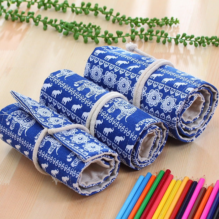 36 Slots Ethnic Elephant Print Pen Bag Canvas Pencil Wrap Curtain Roll Up Pencil Case Stationery Pouch