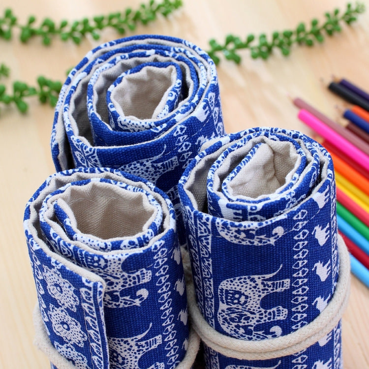 48 Slots Ethnic Elephant Print Pen Bag Canvas Pencil Wrap Curtain Roll Up Pencil Case Stationery Pouch Reluova