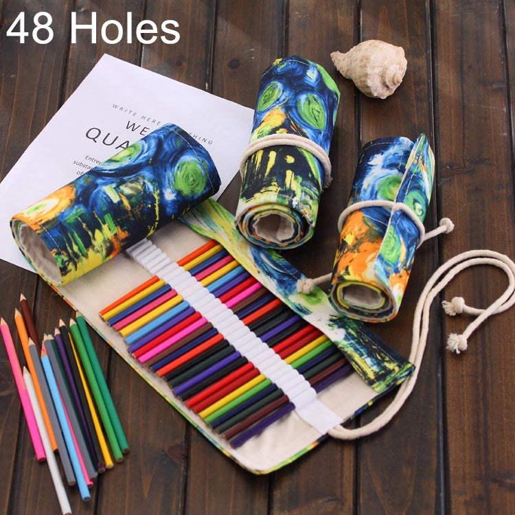 48 Slots Van Gogh Oil Painting Print Pen Bag Canvas Pencil Wrap Curtain Roll Up Pencil Case Stationery Pouch Reluova