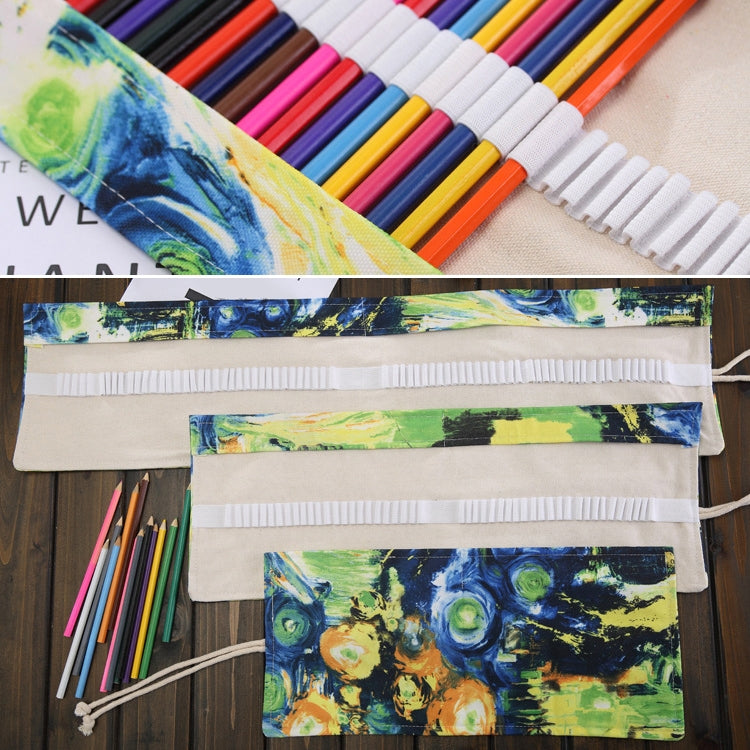 72 Slots Van Gogh Oil Painting Print Pen Bag Canvas Pencil Wrap Curtain Roll Up Pencil Case Stationery Pouch