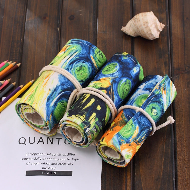 72 Slots Van Gogh Oil Painting Print Pen Bag Canvas Pencil Wrap Curtain Roll Up Pencil Case Stationery Pouch-Reluova