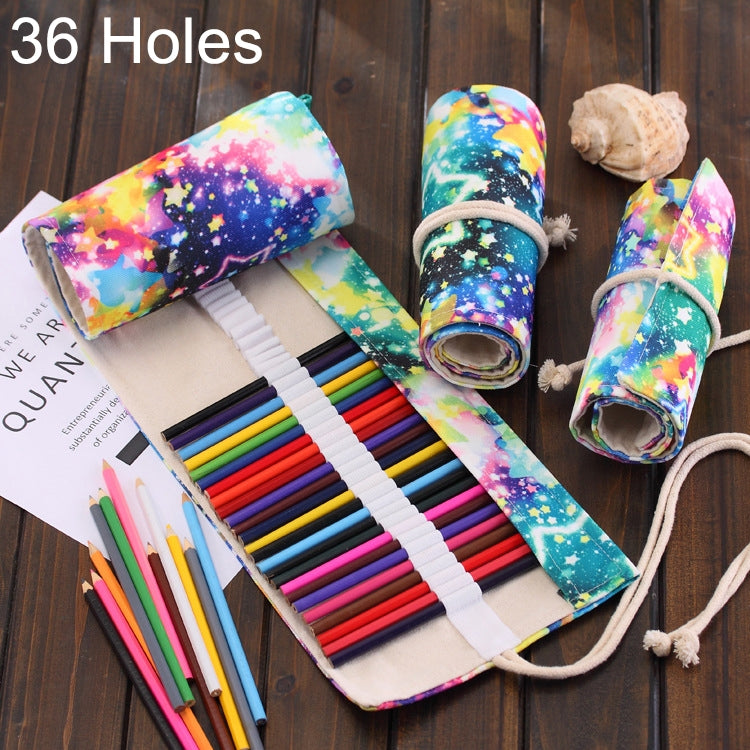 36 Slots Starry Sky Print Pen Bag Canvas Pencil Wrap Curtain Roll Up Pencil Case Stationery Pouch Reluova