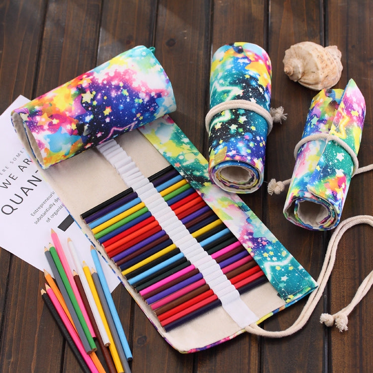 36 Slots Starry Sky Print Pen Bag Canvas Pencil Wrap Curtain Roll Up Pencil Case Stationery Pouch